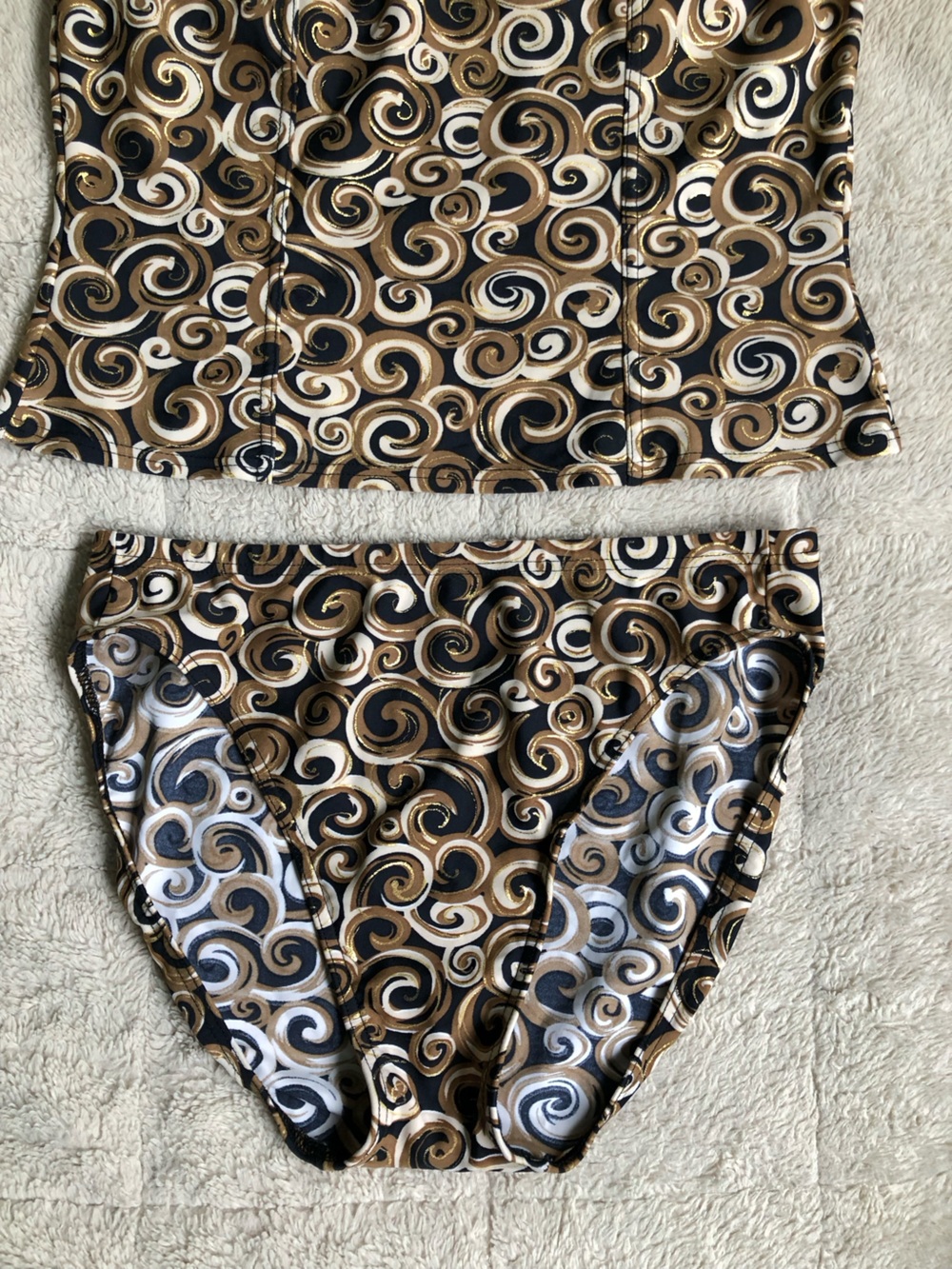 90s Y2K Swirl Print Retro Two-Piece Tankini Swim Set in Black, Gold & White - Picture 2 of 14